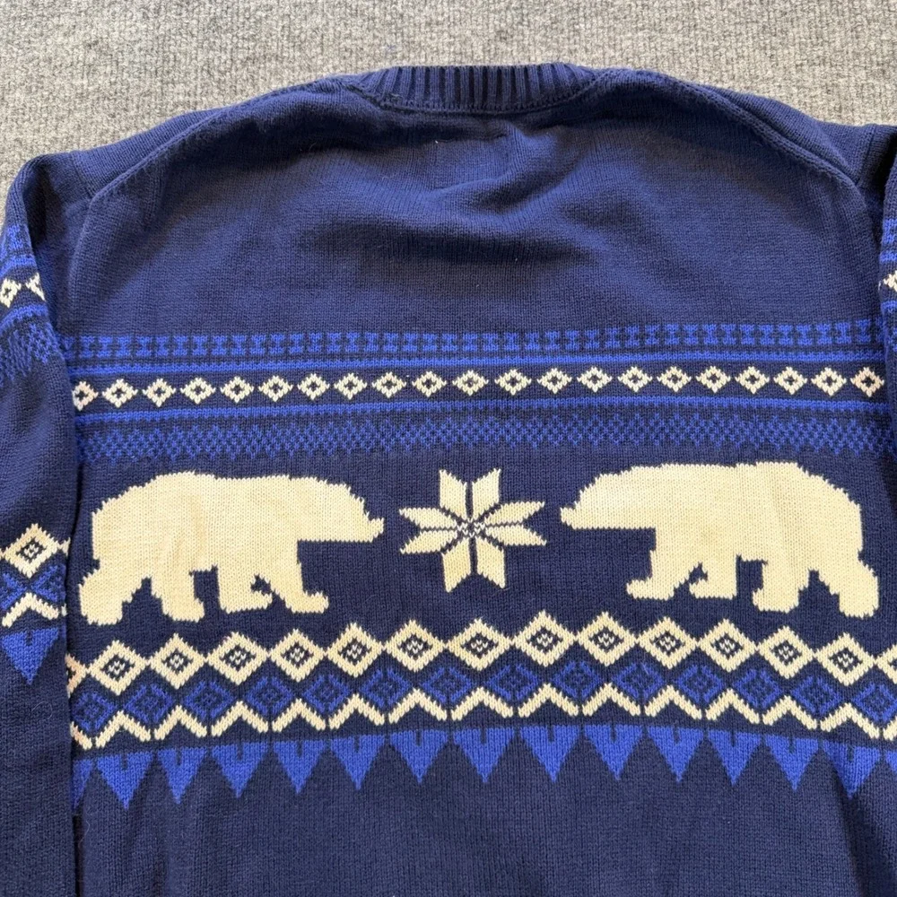 St Johns Bay Mens Navy Blue Polar Bear Fair Isle Cotton Crewneck Sweater XL